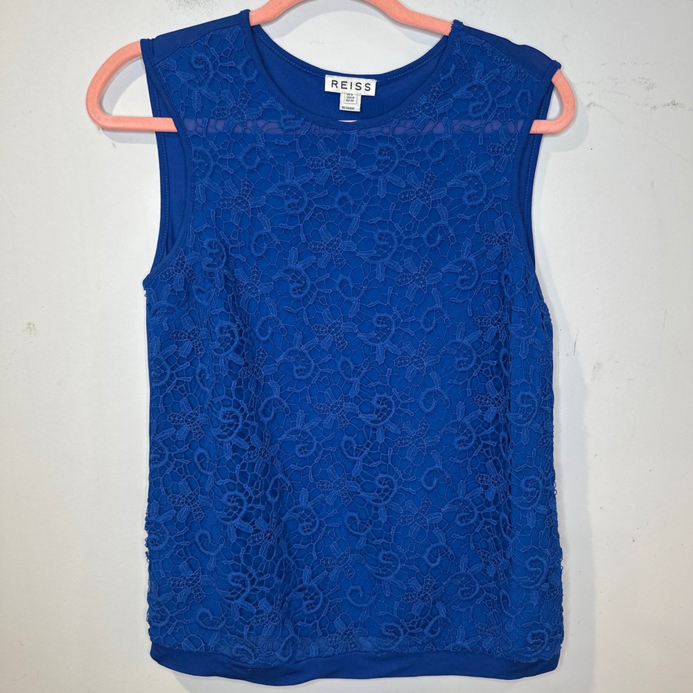 Reiss Octavia Royal Blue Lace Floral Front Sleeveless Shell Top Womens Size 0 XS